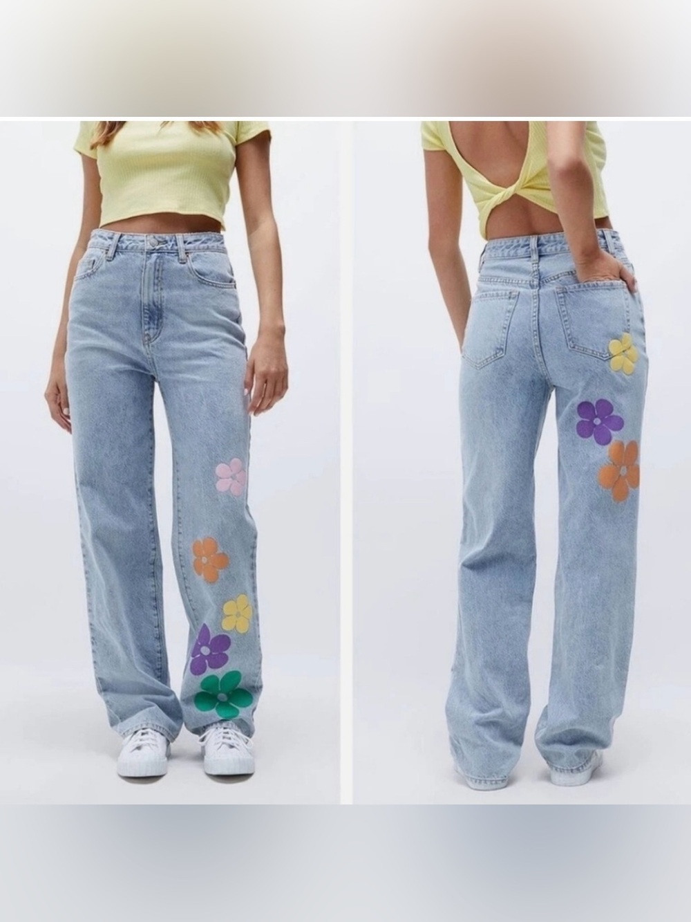 PacSun Light Straight-Leg Jeans with Colorful Flowers Women’s Size 27 Boyfriend